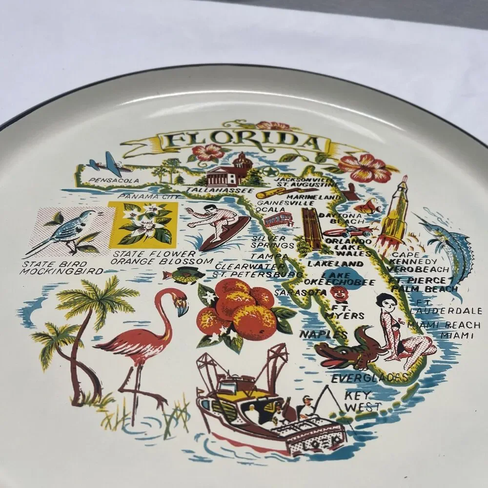 Large Hard Plastic Souvenir Florida Tray Map State Tourist 13